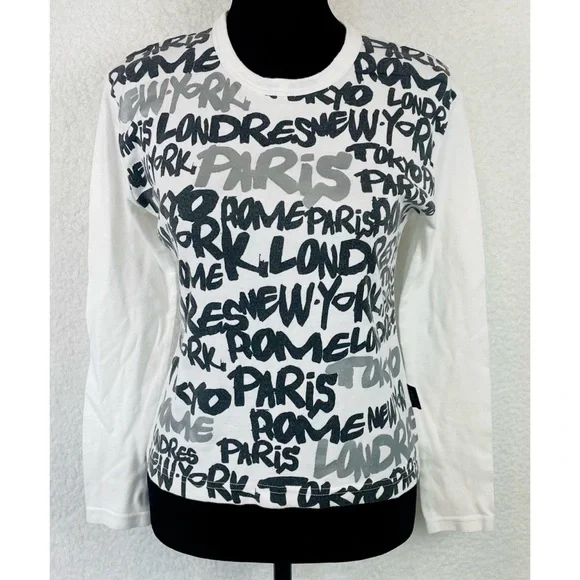 (VTG) YAN MASTER • Black/White/Silver Y2K Paris Name Print Long Sleeve Tee, S - Picture 16 of 16